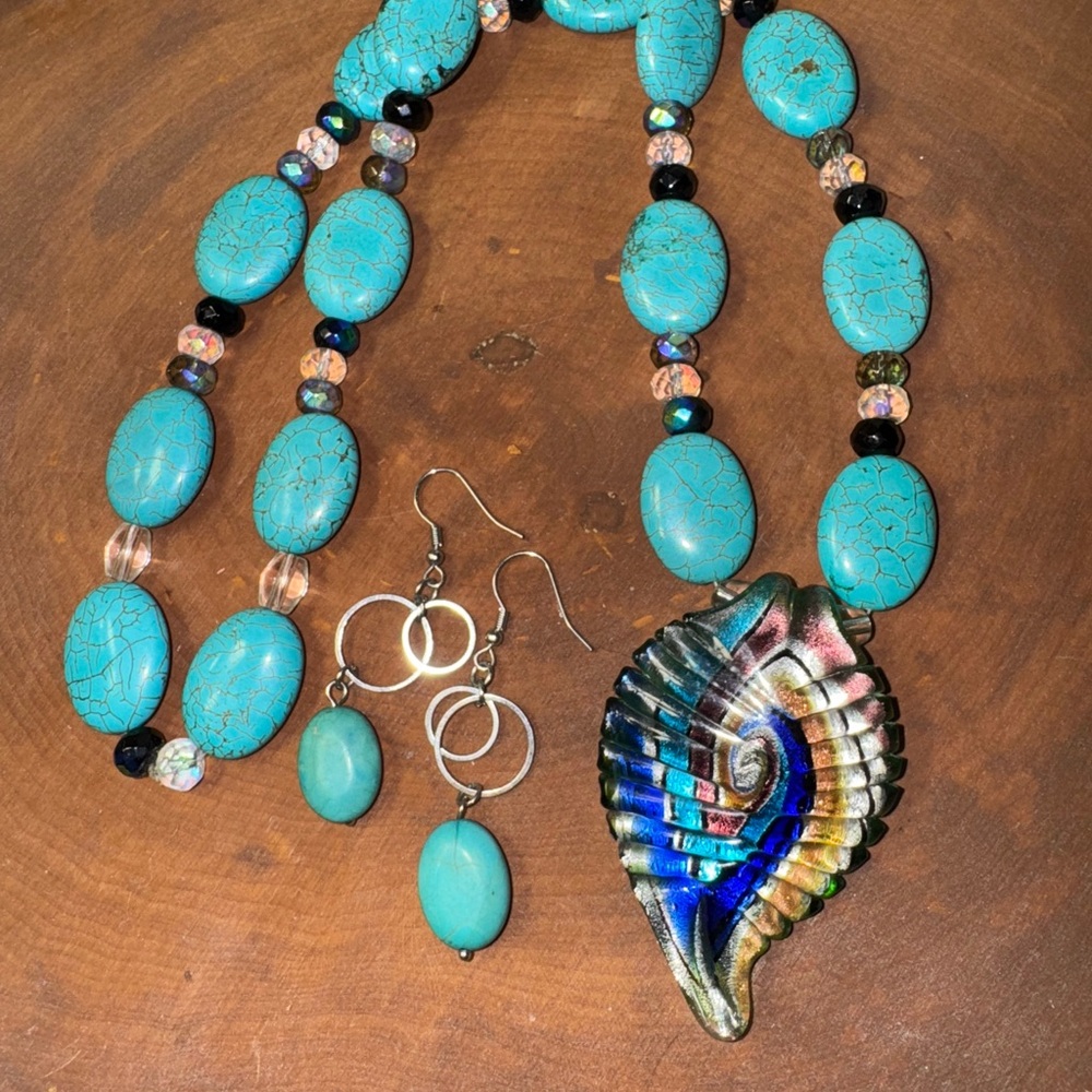 Genuine turquoise and sea glass necklace amd earrings